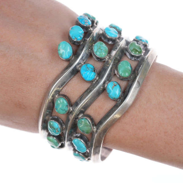 6 5/8" Zuni Carved Turquoise Modernist abstract silver cuff bracelet