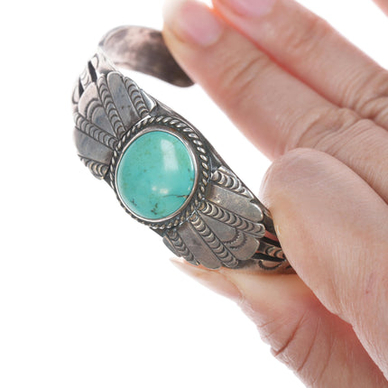 6 3/8" c1930's Navajo Hand stamped ingot silver cuff bracelet with turquoise