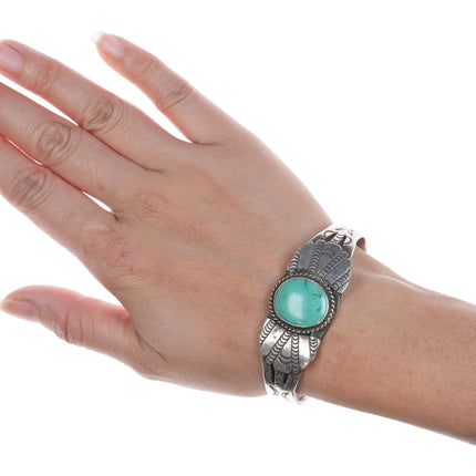 6 3/8" c1930's Navajo Hand stamped ingot silver cuff bracelet with turquoise