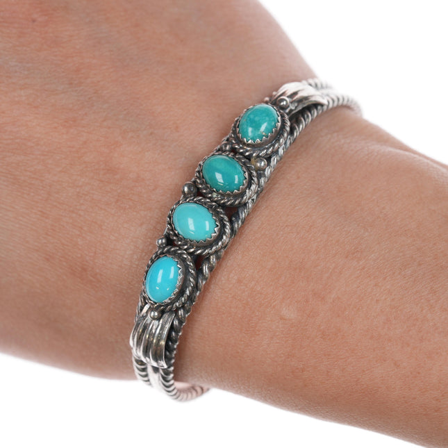 6.5" Vintage Navajo twisted silve wire 4 stone turquoise cuff bracelet