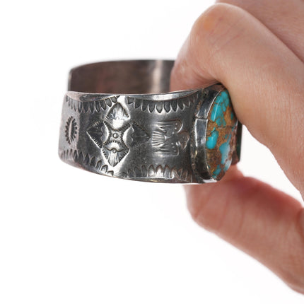 6 1/8" Vintage Navajo silver and turquoise stamped thunderbird cuff bracelet