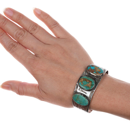 6 1/8" Vintage Navajo silver and turquoise stamped thunderbird cuff bracelet