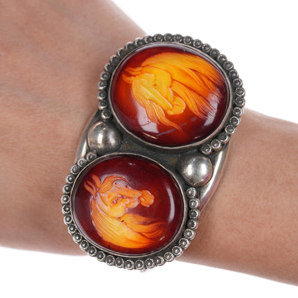 6 3/8" Art Tafoya Yaqui Carved Amber silver cuff bracelet