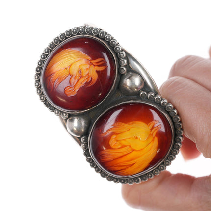 6 3/8" Art Tafoya Yaqui Carved Amber silver cuff bracelet