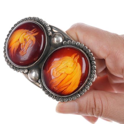 6 3/8" Art Tafoya Yaqui Carved Amber silver cuff bracelet