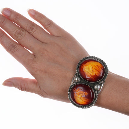 6 3/8" Art Tafoya Yaqui Carved Amber silver cuff bracelet