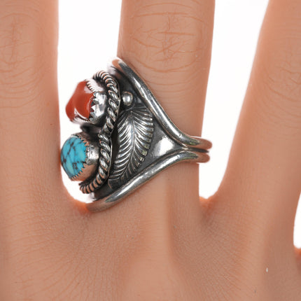 sz10.5 P Native American silver, high grade turquoise, and coral ring