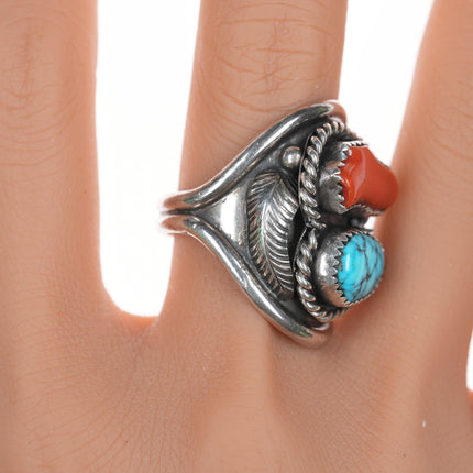 sz10.5 P Native American silver, high grade turquoise, and coral ring