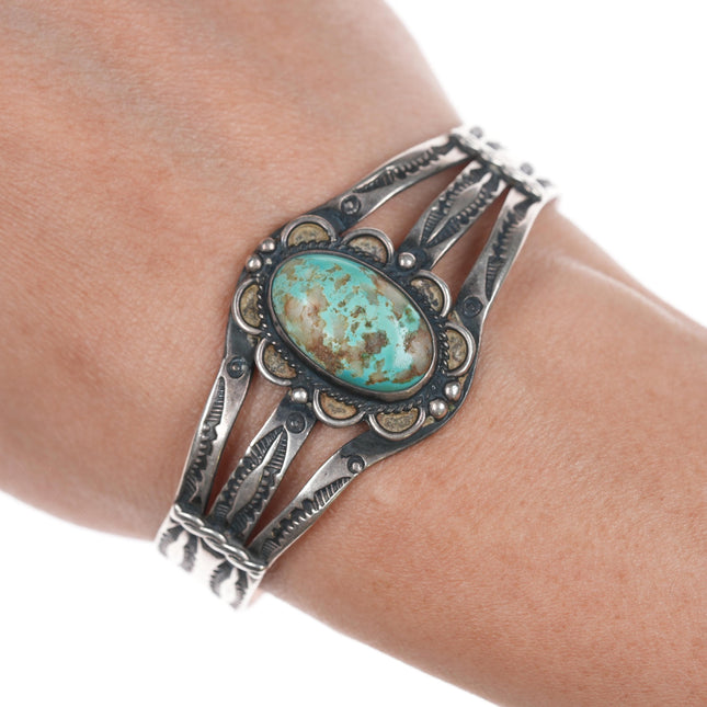 6.25" c1940's Navajo stamped silver cuff bracelet with turquoise