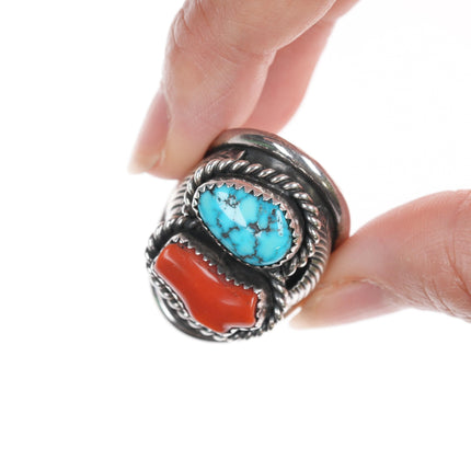 sz10.5 P Native American silver, high grade turquoise, and coral ring