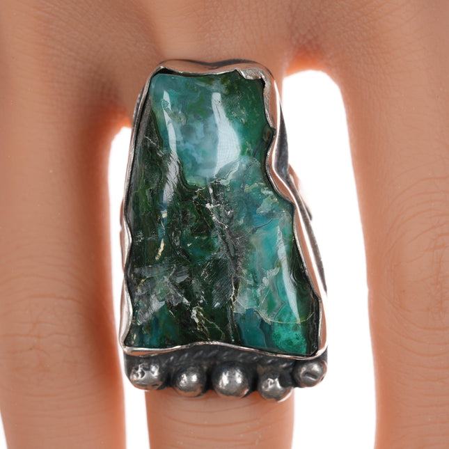 sz7 Chief Wolf Robe Hunt (1905-1977) Acoma silver Gem Silica Chrysocolla, Malachite Quartz  ring