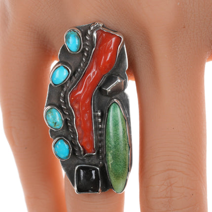 sz7 Chief Wolf Robe Hunt (1905-1977) Acoma silver, turquoise, branch coral, and oxyx ring