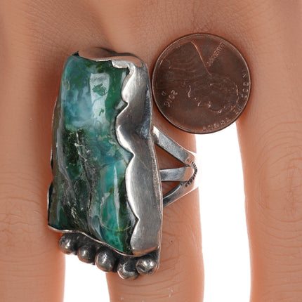 sz7 Chief Wolf Robe Hunt (1905-1977) Acoma silver Gem Silica Chrysocolla, Malachite Quartz  ring