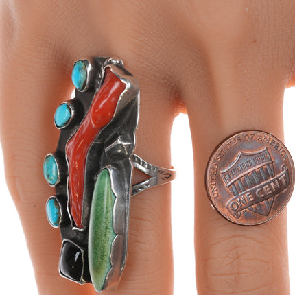 sz7 Chief Wolf Robe Hunt (1905-1977) Acoma silver, turquoise, branch coral, and oxyx ring