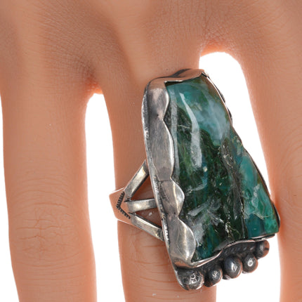 sz7 Chief Wolf Robe Hunt (1905-1977) Acoma silver Gem Silica Chrysocolla, Malachite Quartz  ring