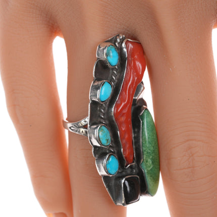 sz7 Chief Wolf Robe Hunt (1905-1977) Acoma silver, turquoise, branch coral, and oxyx ring