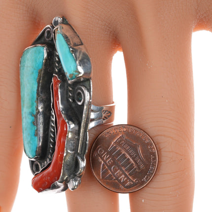 sz6.5 Chief Wolf Robe Hunt (1905-1977) Acoma silver, turquoise, branch coral ring