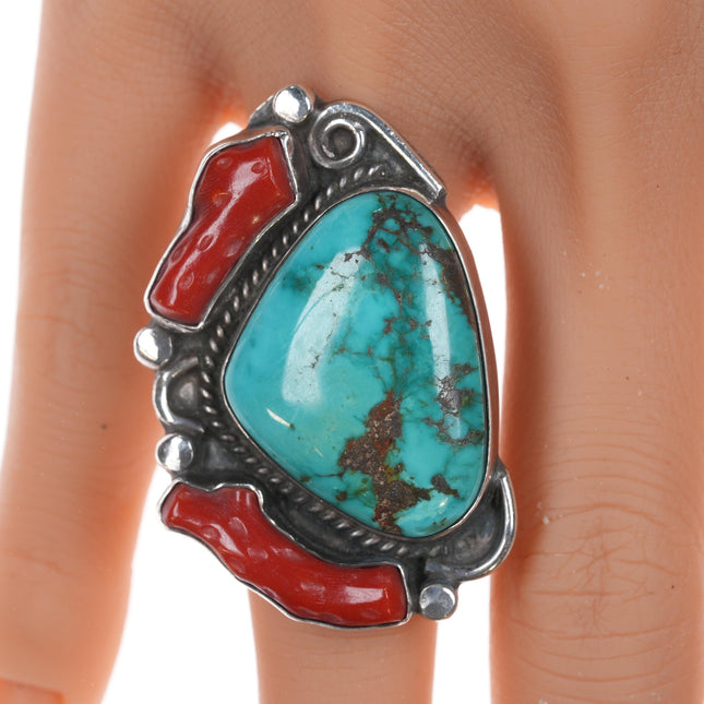 sz6.75 Chief Wolf Robe Hunt (1905-1977) Acoma silver, turquoise, and branch coral ring