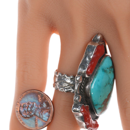 sz6.75 Chief Wolf Robe Hunt (1905-1977) Acoma silver, turquoise, and branch coral ring