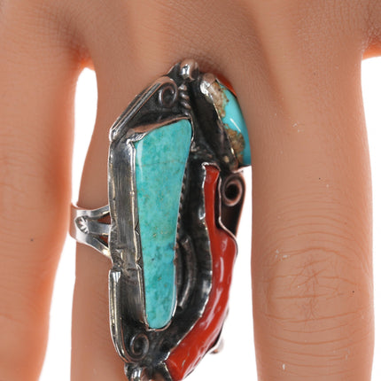 sz6.5 Chief Wolf Robe Hunt (1905-1977) Acoma silver, turquoise, branch coral ring