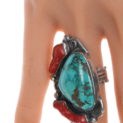 sz6.75 Chief Wolf Robe Hunt (1905-1977) Acoma silver, turquoise, and branch coral ring