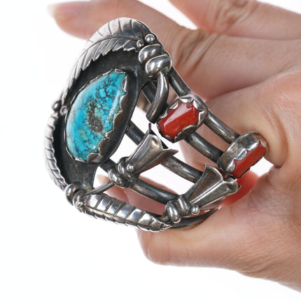 6 3/8" Large Native American Silver turquoise and coral blossom cuff bracelet