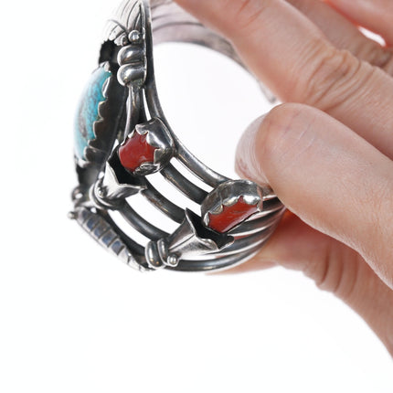 6 3/8" Large Native American Silver turquoise and coral blossom cuff bracelet