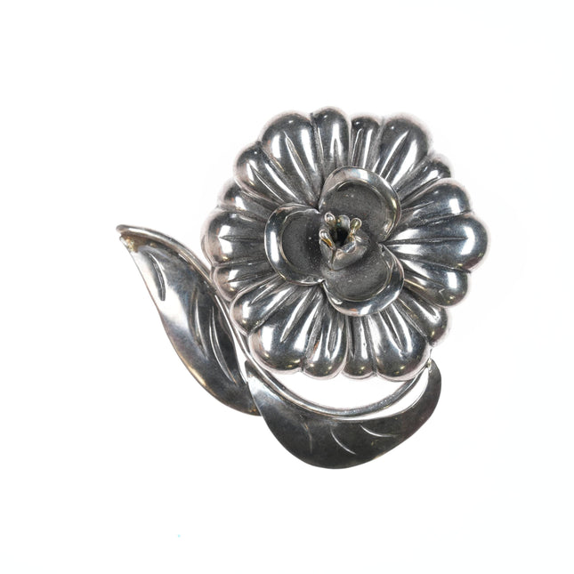 Hector Aguilar Taxco 940 silver 3d flower pin with leaves