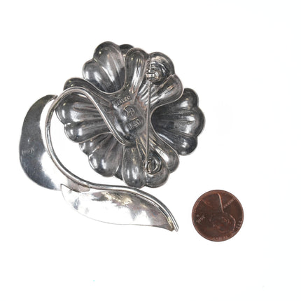 Hector Aguilar Taxco 940 silver 3d flower pin with leaves