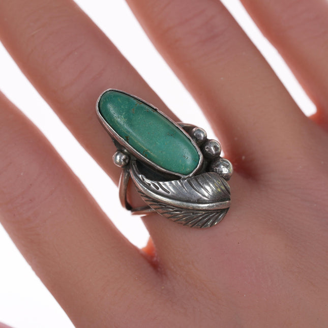 sz7 Vintage Native American silver and green turquoise ring with leaf