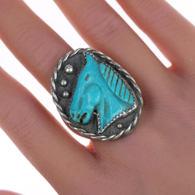 sz8.75 Vintage Navajo silver Carved horse head turquoise ring