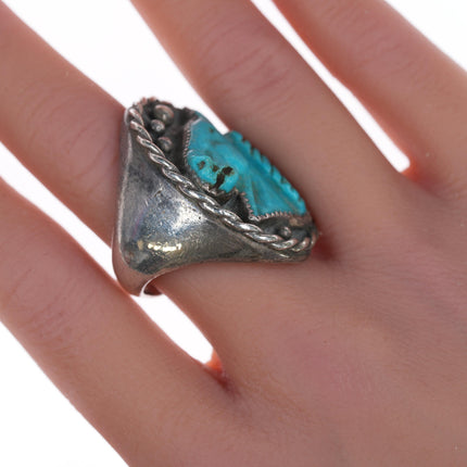 sz8.75 Vintage Navajo silver Carved horse head turquoise ring