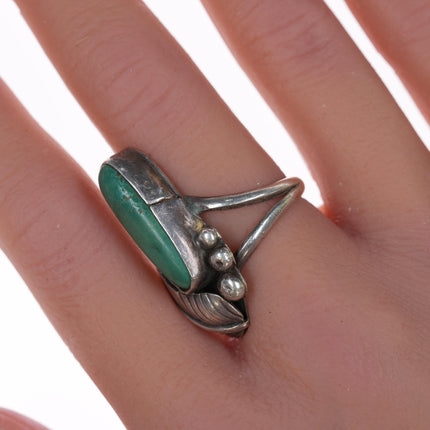 sz7 Vintage Native American silver and green turquoise ring with leaf