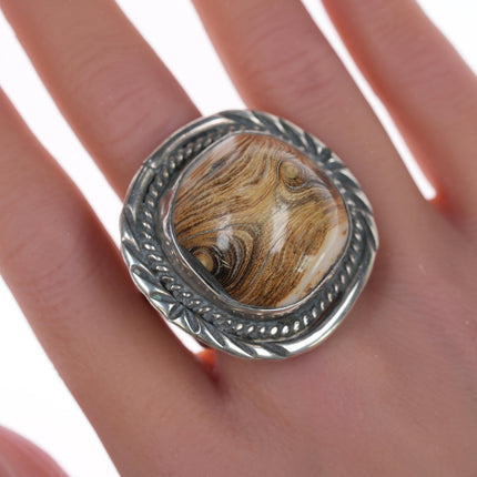 sz11 Vintage Navajo silver ring with petrified wood