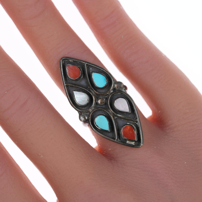 sz5.5 Vintage Zuni Patriotic Silver Coral, turquoise, and shell ring