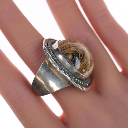 sz11 Vintage Navajo silver ring with petrified wood