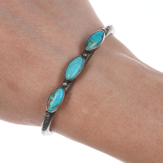 6"  20's-30's Navajo stamped silver 3 stone turquoise cuff bracelet