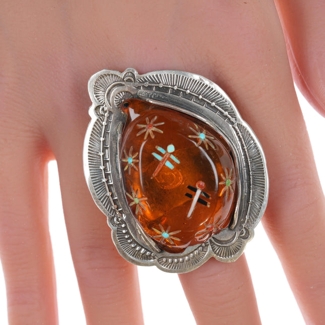 sz8 Native American Heavy stamped silver Carved/inlaid Amber turtle ring