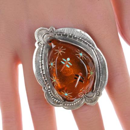 sz8 Native American Heavy stamped silver Carved/inlaid Amber turtle ring