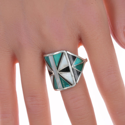 sz10.5 Vintage Zuni Turquoise, Jet, and shell channel inlay sterling ring