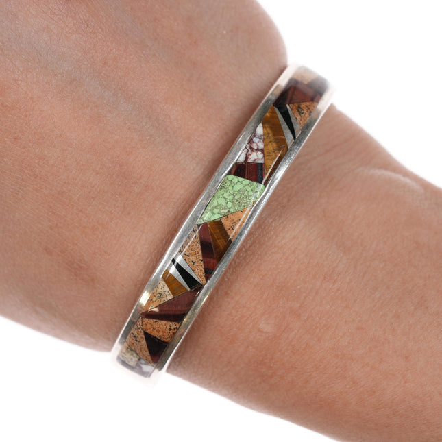 6 3/8" Becenti for Calvin Begay petrified wood, jasper, and gaspeite silver channel inlay cuff bracelet