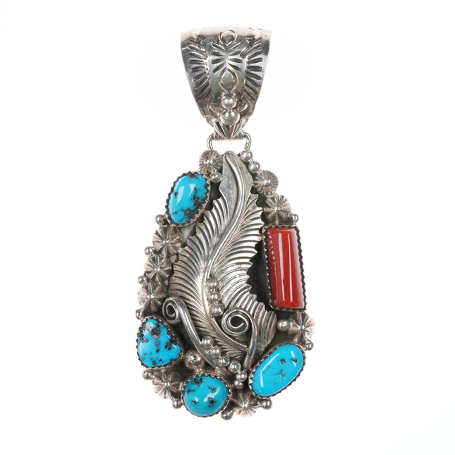 Vintage Navajo silver, turquoise, and coral pendant