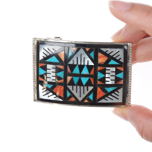 Zuni Native American Spiny oyster, turquoise, shell, and Jet sterling belt buckle