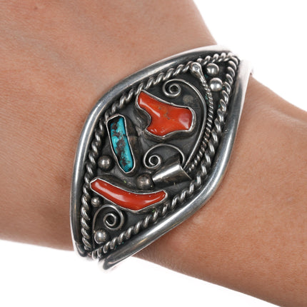 6.5"CJT 1970's Native American silver, turquoise, coral cuff bracelet