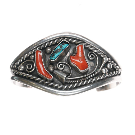 6.5"CJT 1970's Native American silver, turquoise, coral cuff bracelet