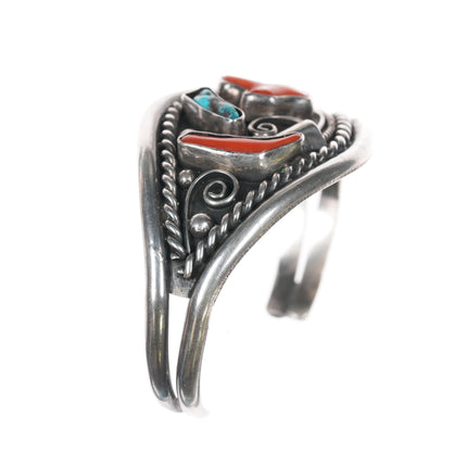 6.5"CJT 1970's Native American silver, turquoise, coral cuff bracelet