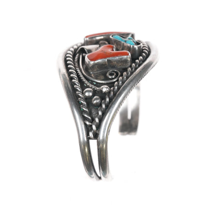 6.5"CJT 1970's Native American silver, turquoise, coral cuff bracelet