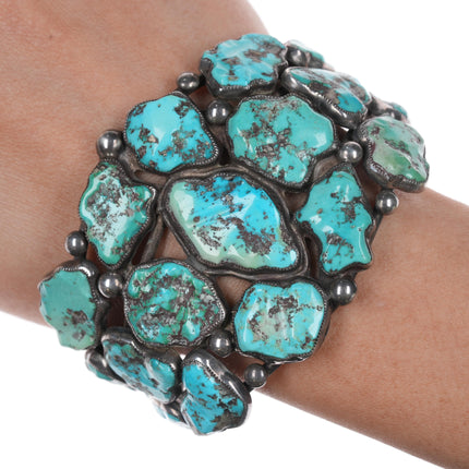 6 5/8" Early Zuni Ingot silver carved turquoise cuff bracelet