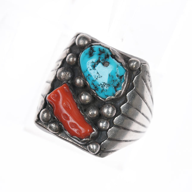 sz12 LL Vintage Native American silver turquoise, and coral ring