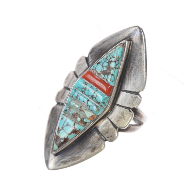 sz7.25 GL Vintage Native American silver spiderweb turquoise and coral ring